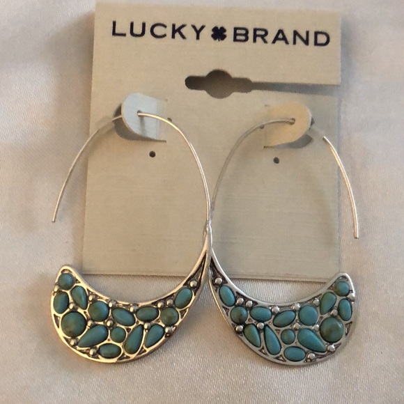Lucky Brand Silver Tone Turquoise Stone Threader Hoop Earrings NWT - Picture 5 of 12